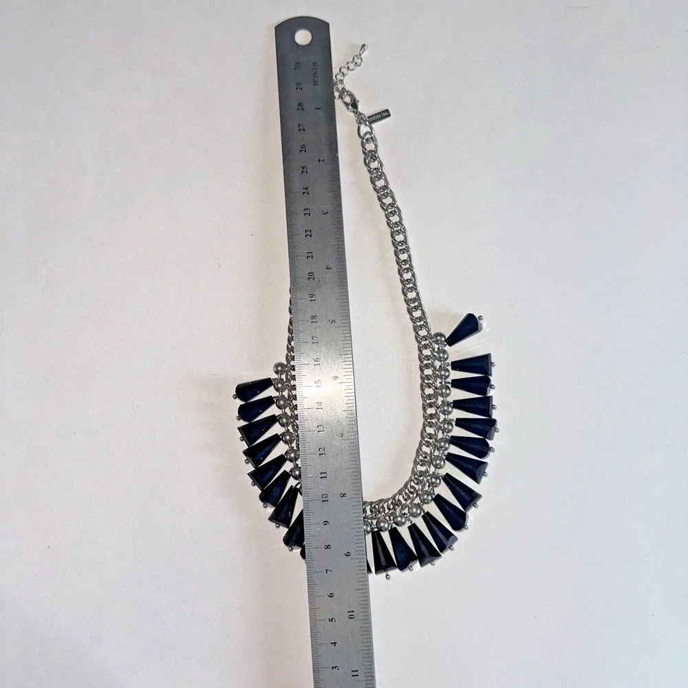 Cookie Lee Bib Necklace Women OS Black Silver Excellent Statement Fringe Goth